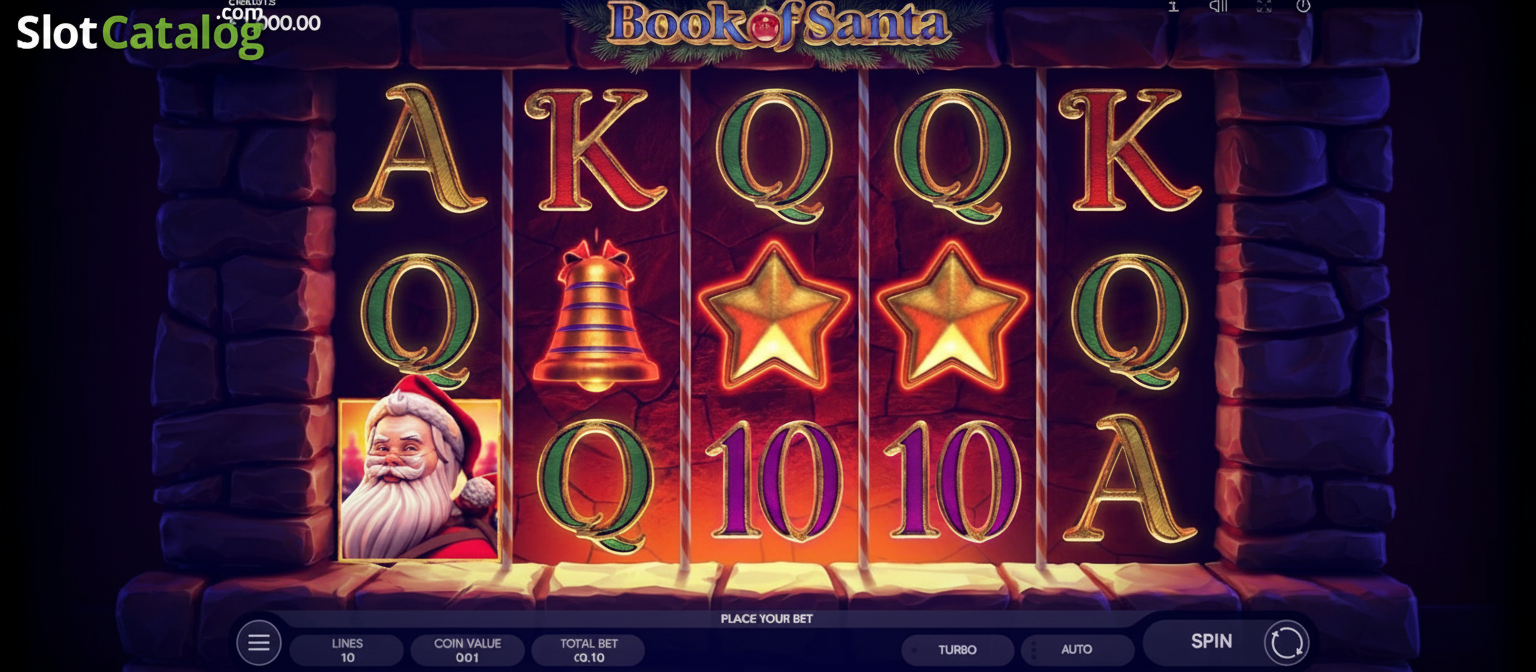 Book of Santa slot by Endorphina showing festive reels with expanding symbols